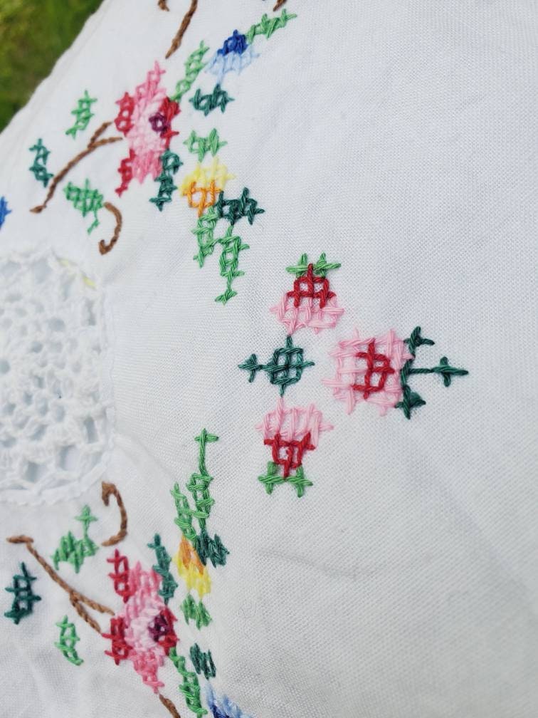 Vintage French Cotton Pillowcase: Cross Stitch Floral Lace Edge