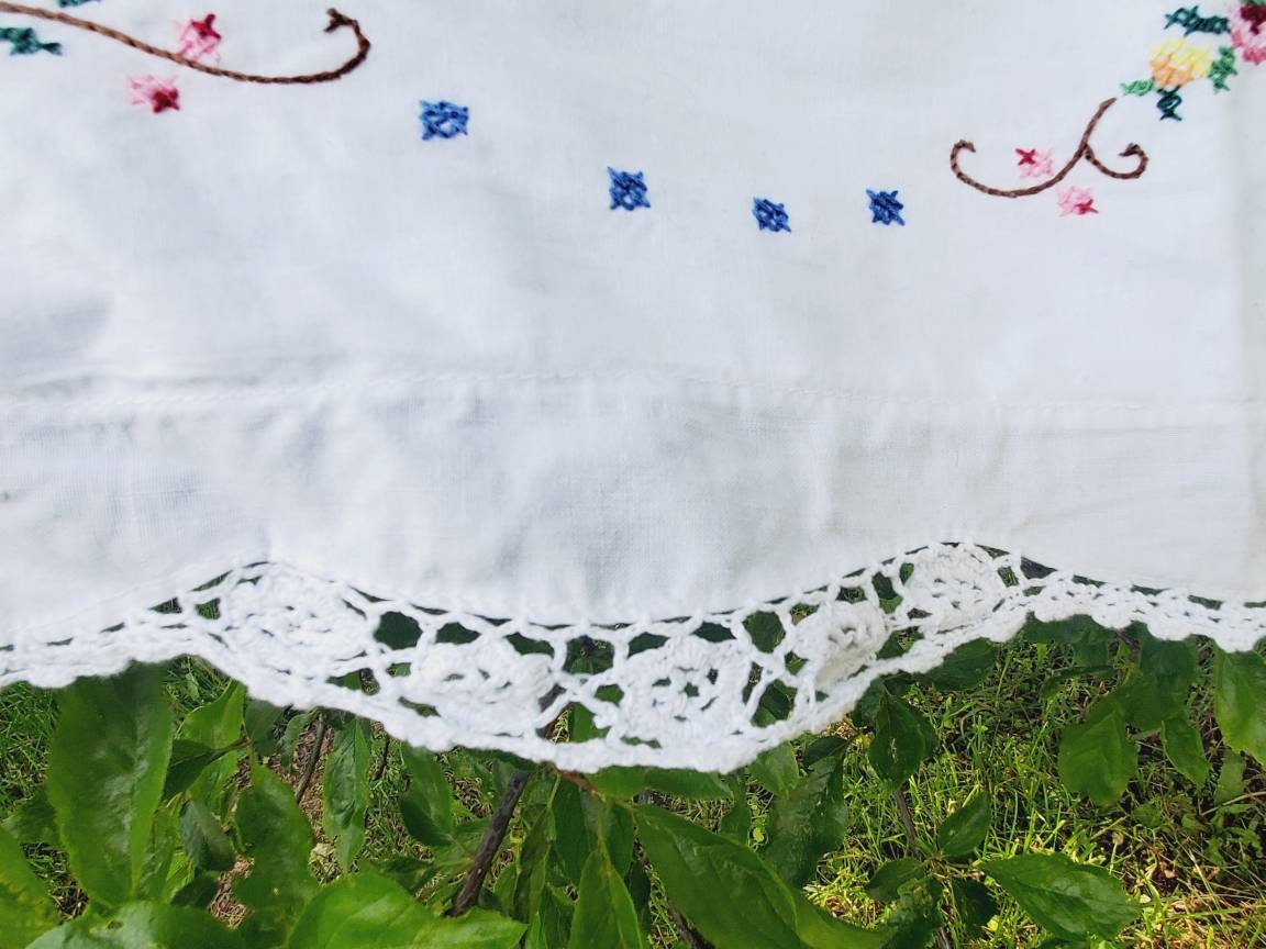 Vintage French Cotton Pillowcase: Cross Stitch Floral Lace Edge