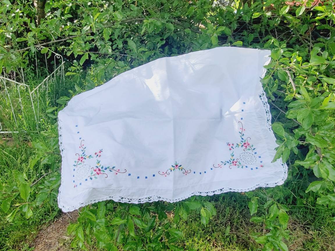 Vintage French Cotton Pillowcase: Cross Stitch Floral Lace Edge