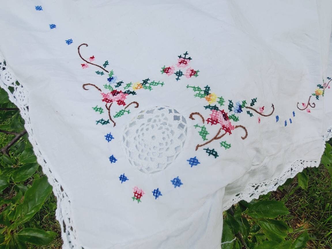 Vintage French Cotton Pillowcase: Cross Stitch Floral Lace Edge