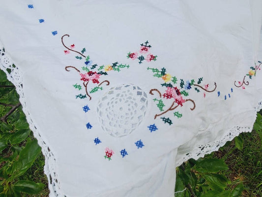 Vintage French Cotton Pillowcase: Cross Stitch Floral Lace Edge