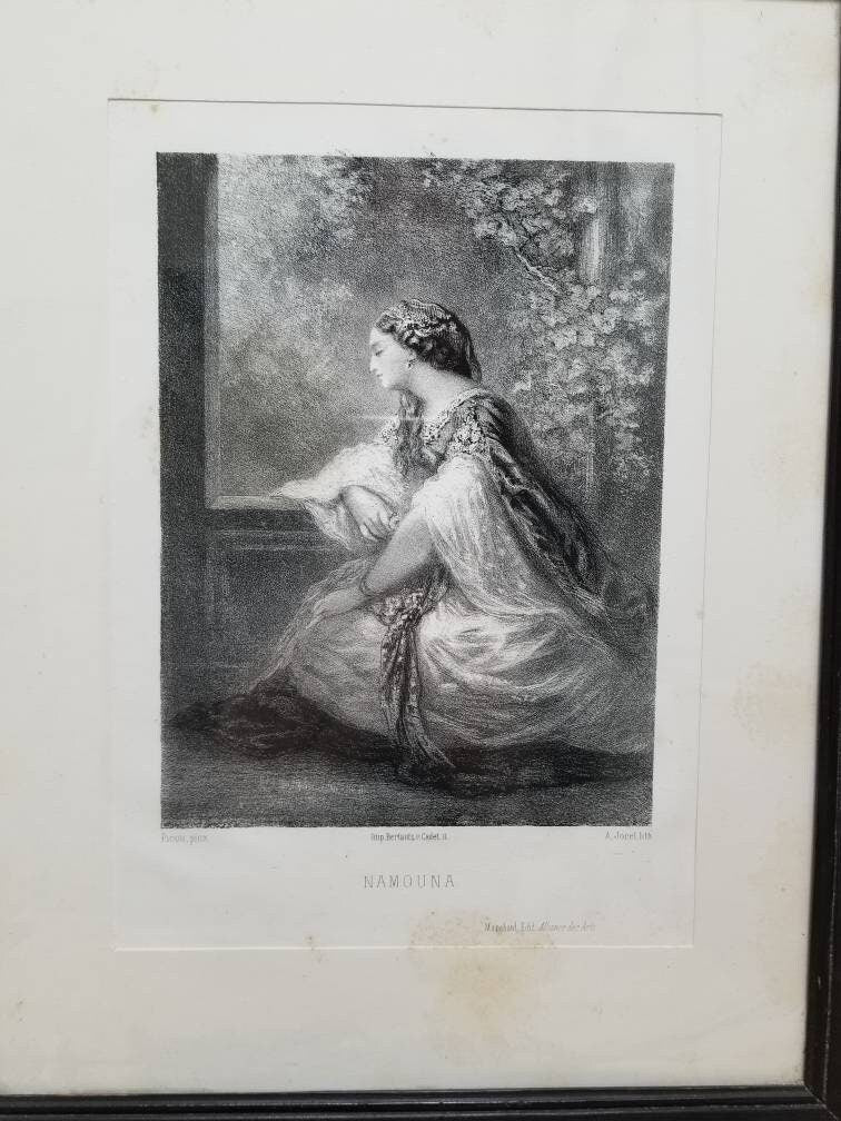 Antique 1800s Namouna Lithograph Print By A Jorel In a Black Wood Frame