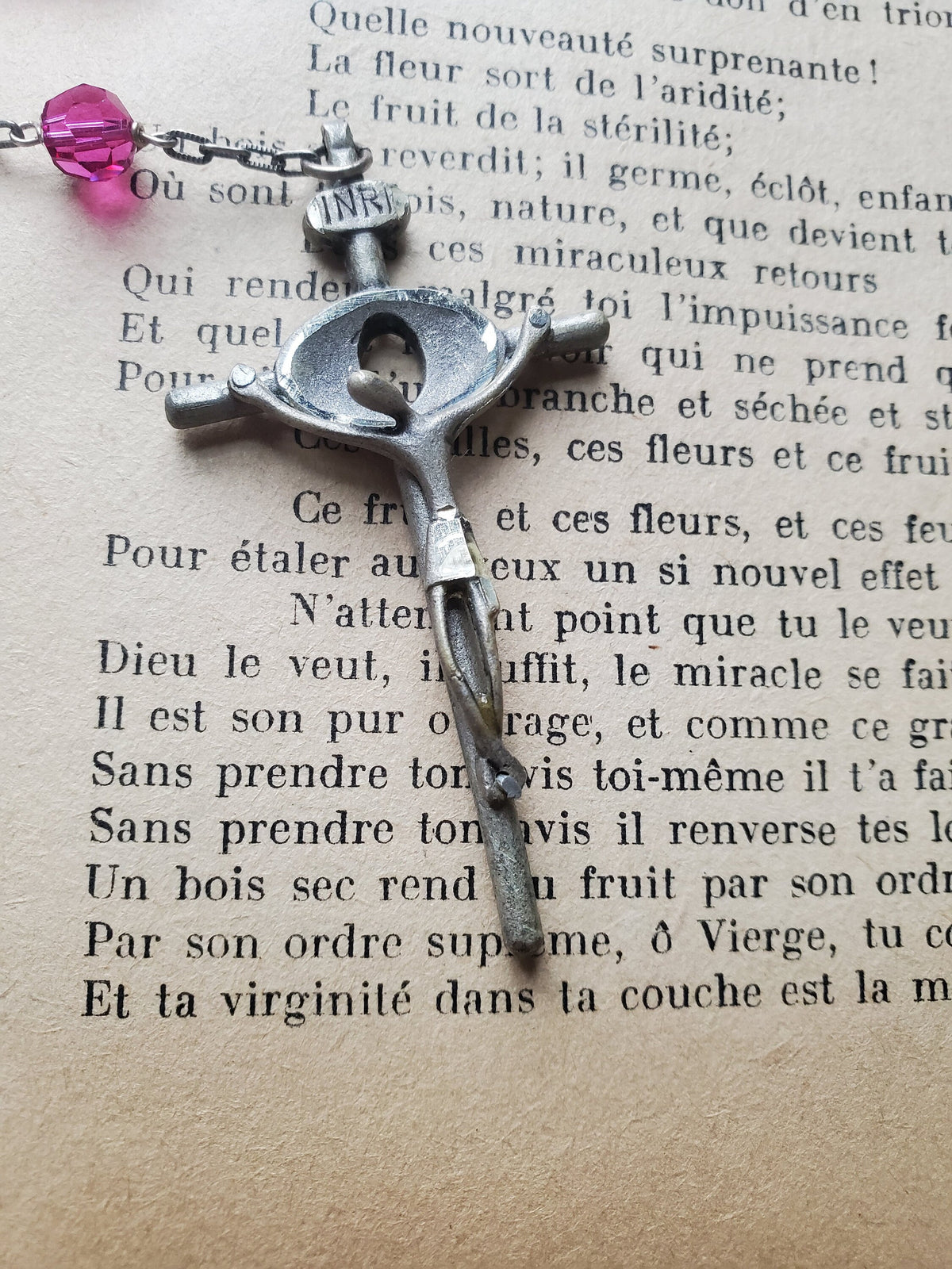 Vintage French Sterling Silver Rosary: Brutalist Crucifix, Pink Glass Beads
