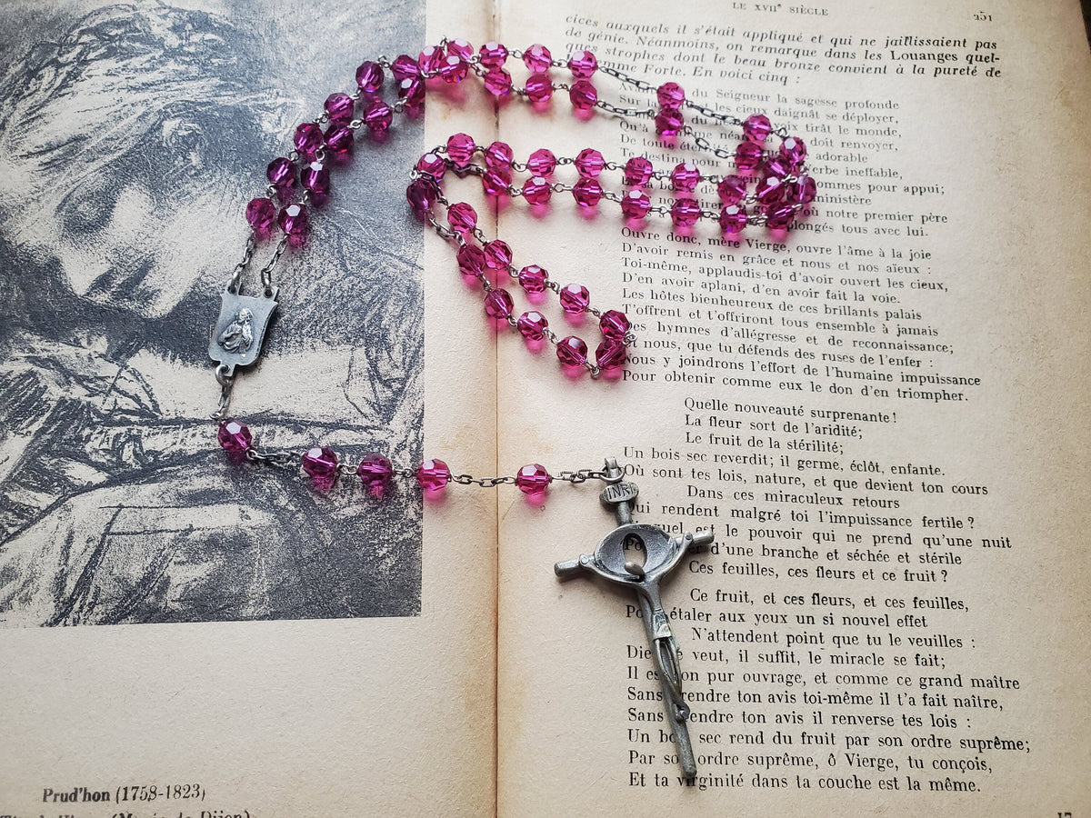 Vintage French Sterling Silver Rosary: Brutalist Crucifix, Pink Glass Beads