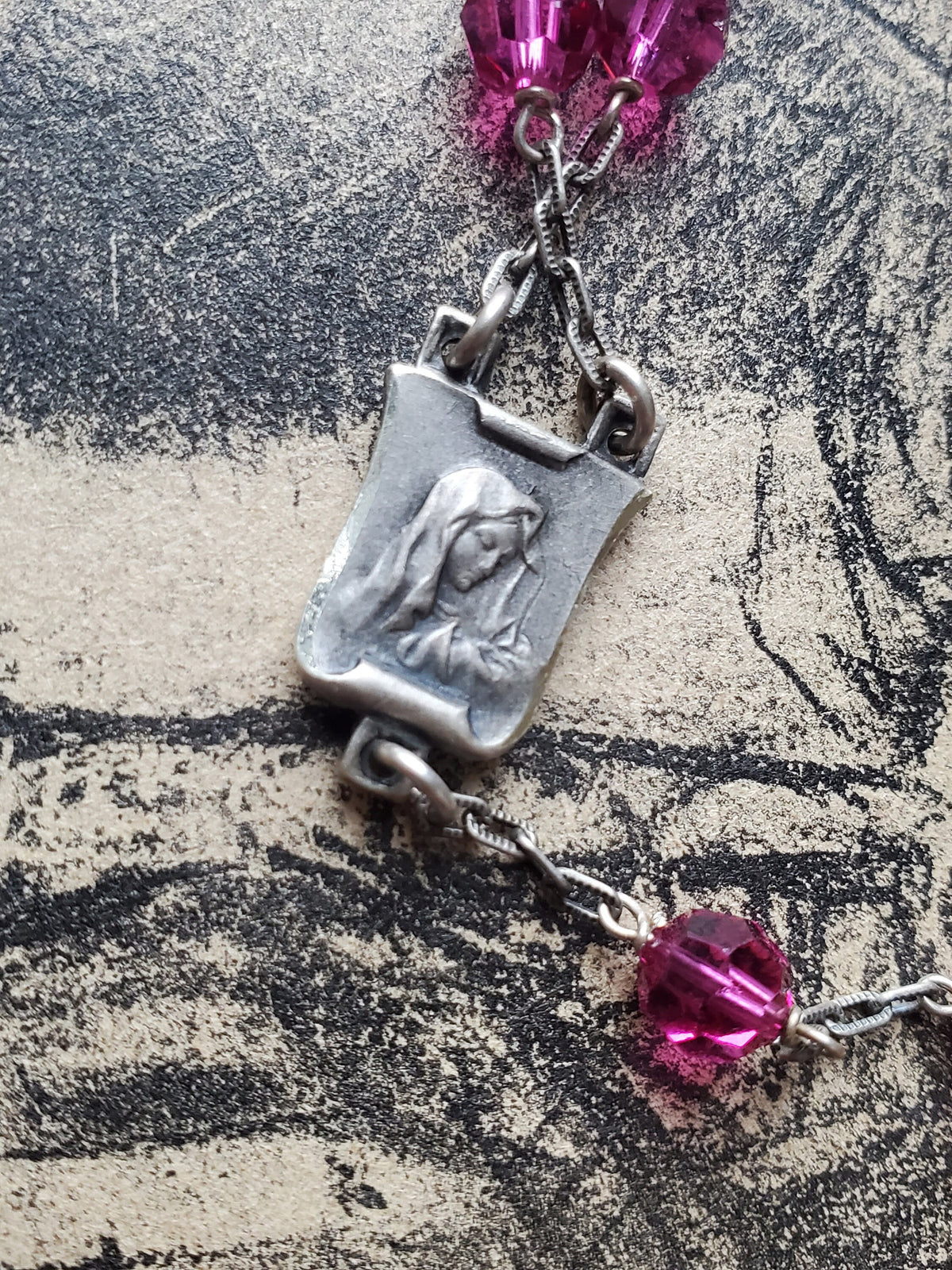 Vintage French Sterling Silver Rosary: Brutalist Crucifix, Pink Glass Beads