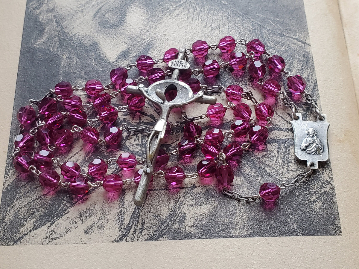 Vintage French Sterling Silver Rosary: Brutalist Crucifix, Pink Glass Beads