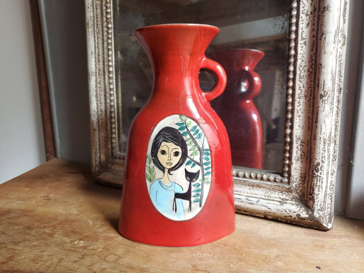 Vintage French Studio Pottery Vase: Red Glazed Female Portrait, JdL 330