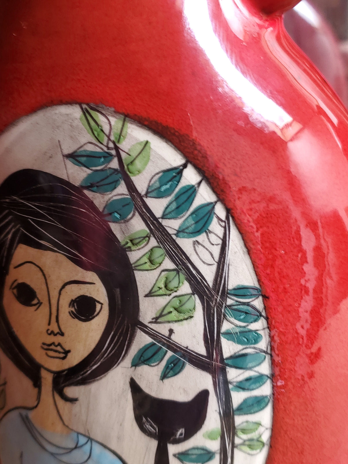 Vintage French Studio Pottery Vase: Red Glazed Female Portrait, JdL 330