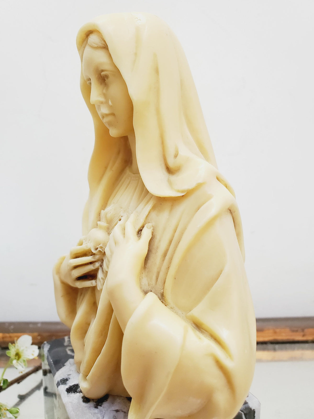 Vintage A. Santini Madonna Sacred Heart Sculpture: Italian Religious Bust, Marble Base