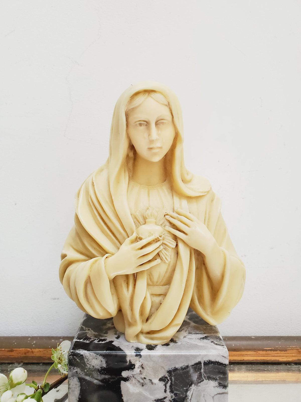 Vintage A. Santini Madonna Sacred Heart Sculpture: Italian Religious Bust, Marble Base