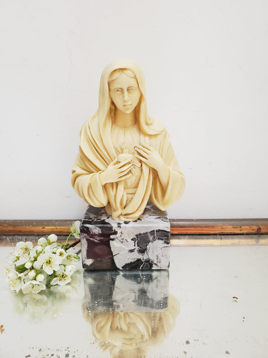 Vintage A. Santini Madonna Sacred Heart Sculpture: Italian Religious Bust, Marble Base