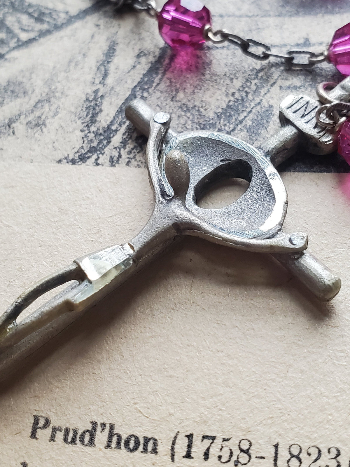 Vintage French Sterling Silver Rosary: Brutalist Crucifix, Pink Glass Beads