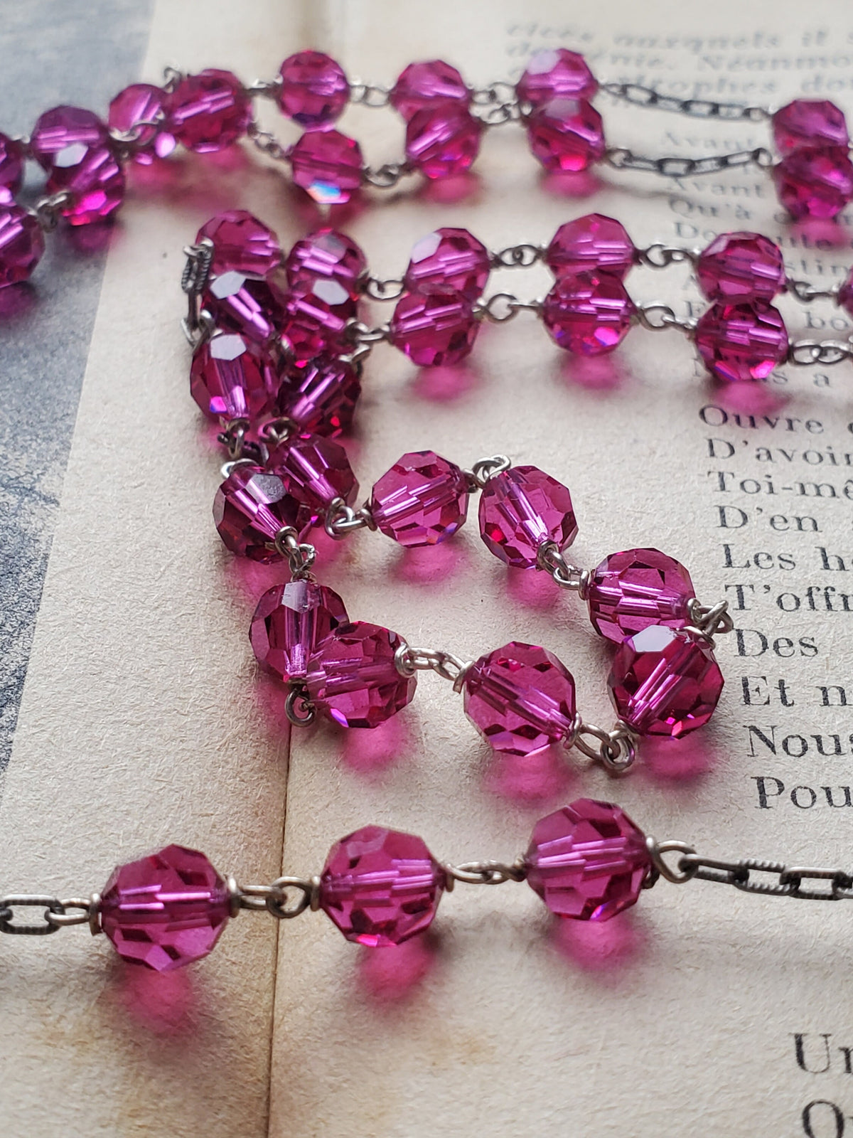 Vintage French Sterling Silver Rosary: Brutalist Crucifix, Pink Glass Beads
