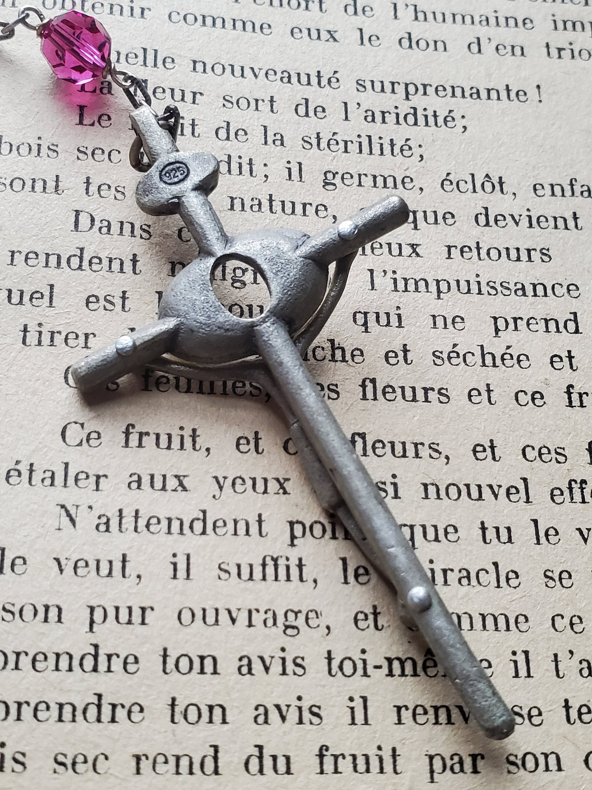 Vintage French Sterling Silver Rosary: Brutalist Crucifix, Pink Glass Beads