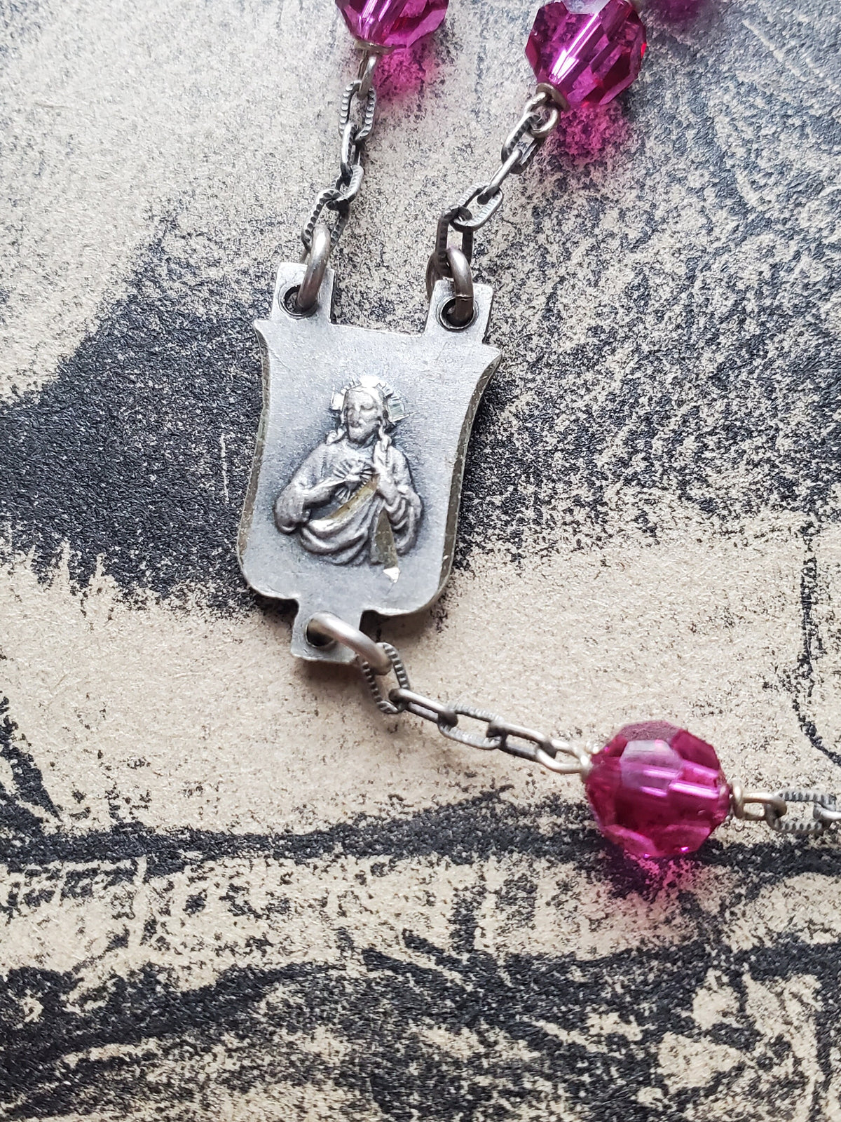 Vintage French Sterling Silver Rosary: Brutalist Crucifix, Pink Glass Beads