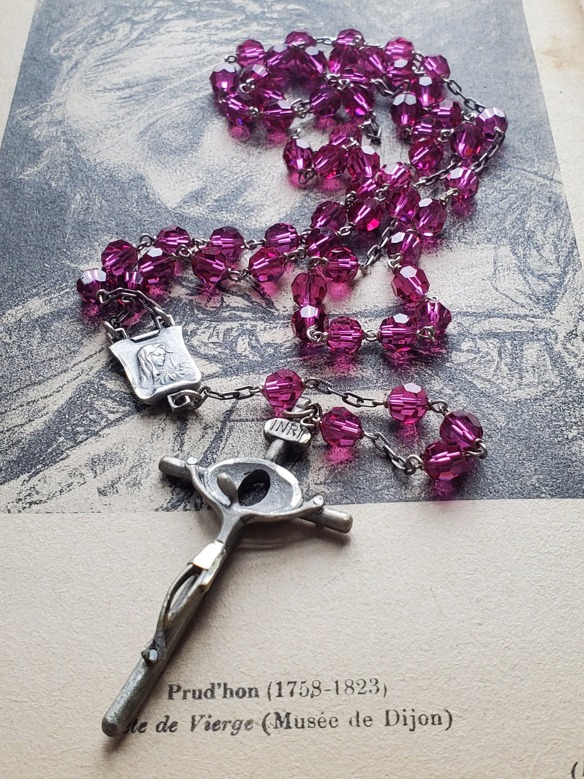 Vintage French Sterling Silver Rosary: Brutalist Crucifix, Pink Glass Beads