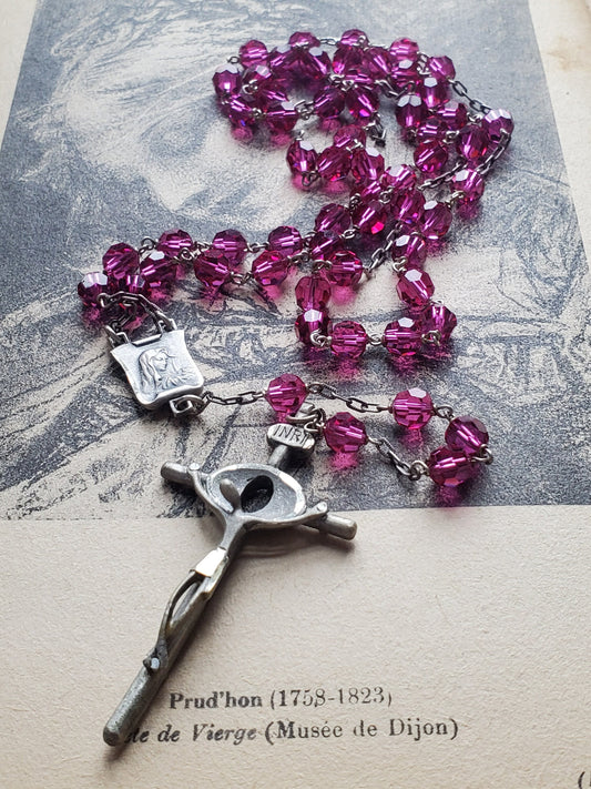 Vintage French Sterling Silver Rosary: Brutalist Crucifix, Pink Glass Beads