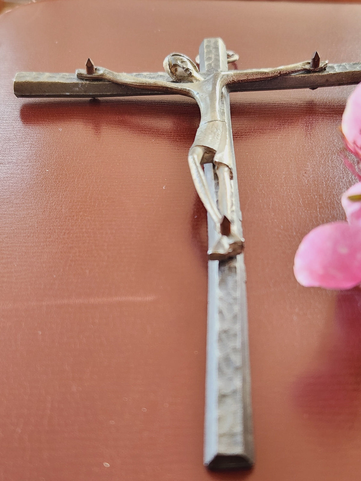 Vintage French Pewter Crucifix: Naive Brutalist Religious Wall Art