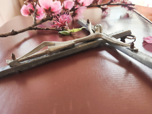 Vintage French Pewter Crucifix: Naive Brutalist Religious Wall Art
