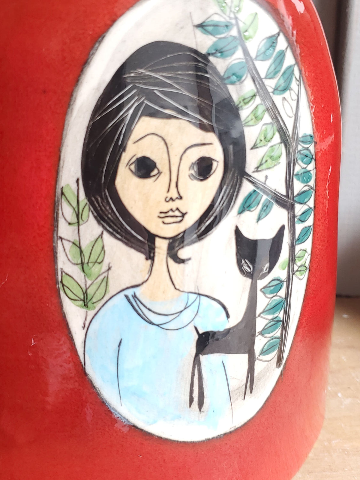 Vintage French Studio Pottery Vase: Red Glazed Female Portrait, JdL 330