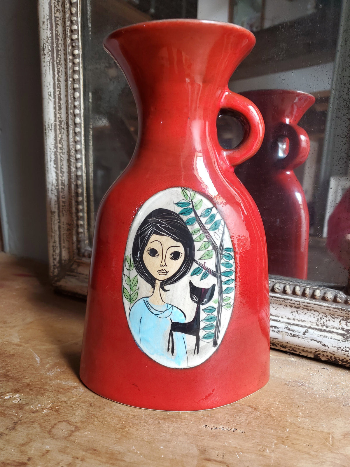 Vintage French Studio Pottery Vase: Red Glazed Female Portrait, JdL 330