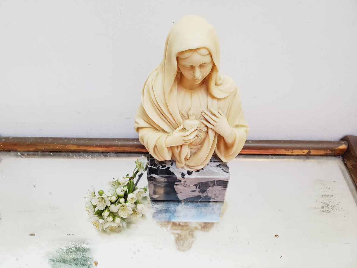 Vintage A. Santini Madonna Sacred Heart Sculpture: Italian Religious Bust, Marble Base