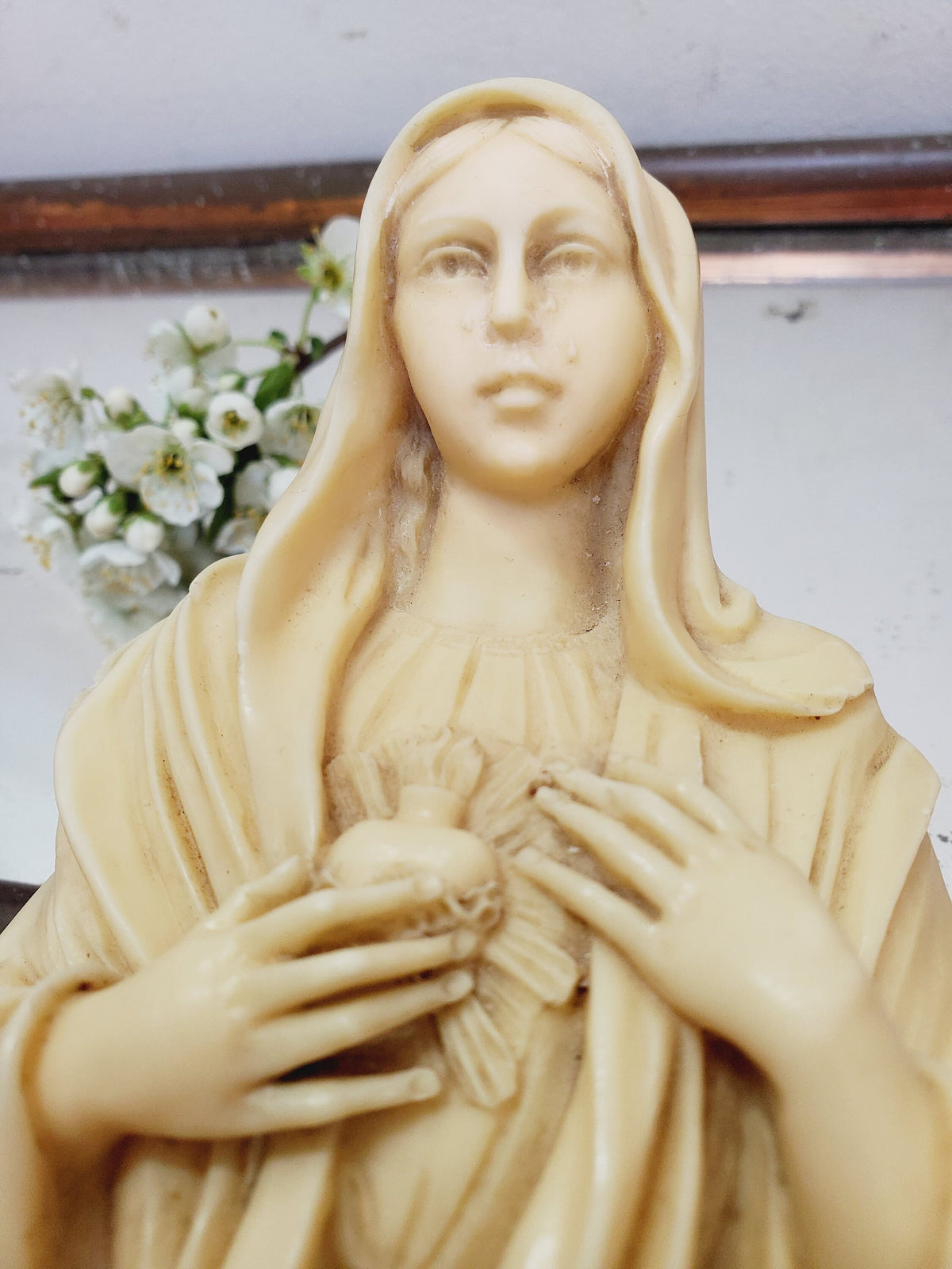 Vintage A. Santini Madonna Sacred Heart Sculpture: Italian Religious Bust, Marble Base