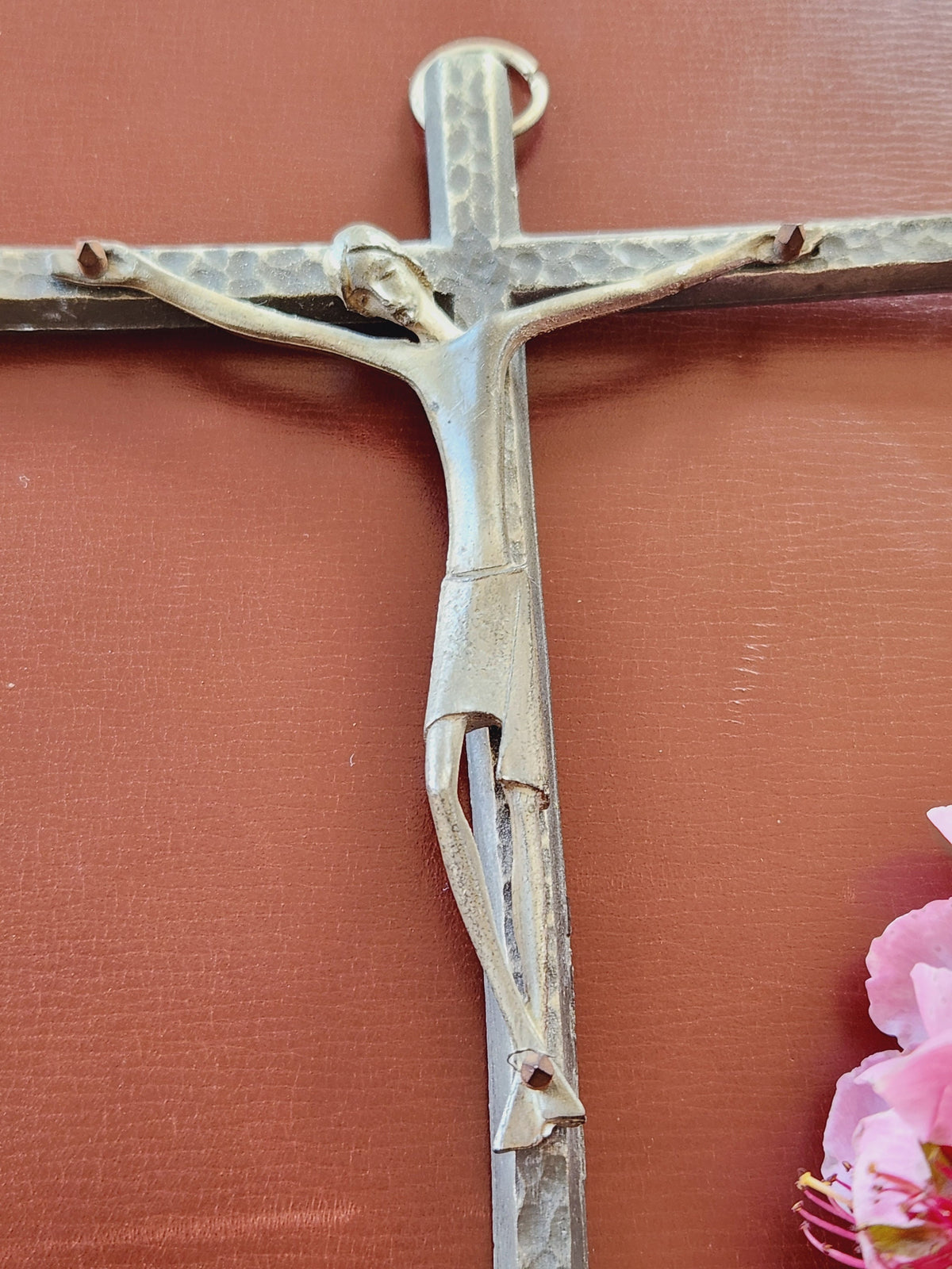 Vintage French Pewter Crucifix: Naive Brutalist Religious Wall Art