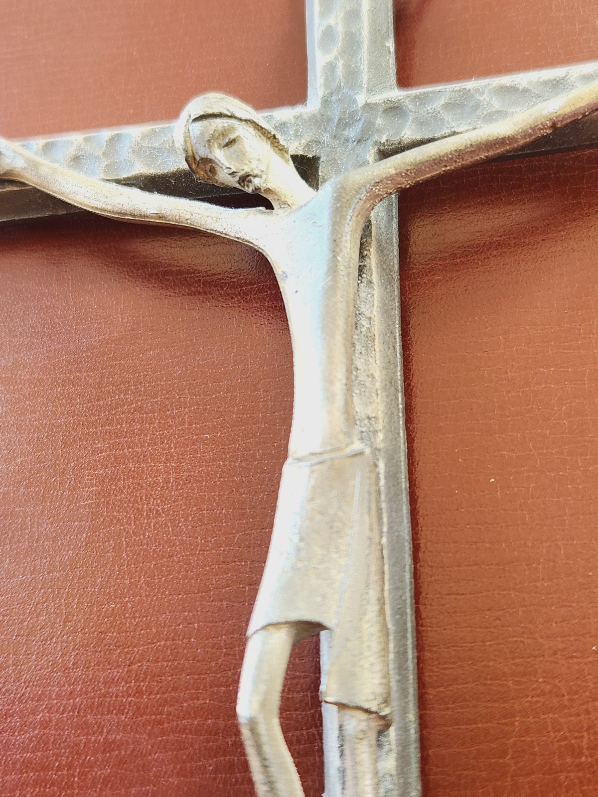 Vintage French Pewter Crucifix: Naive Brutalist Religious Wall Art