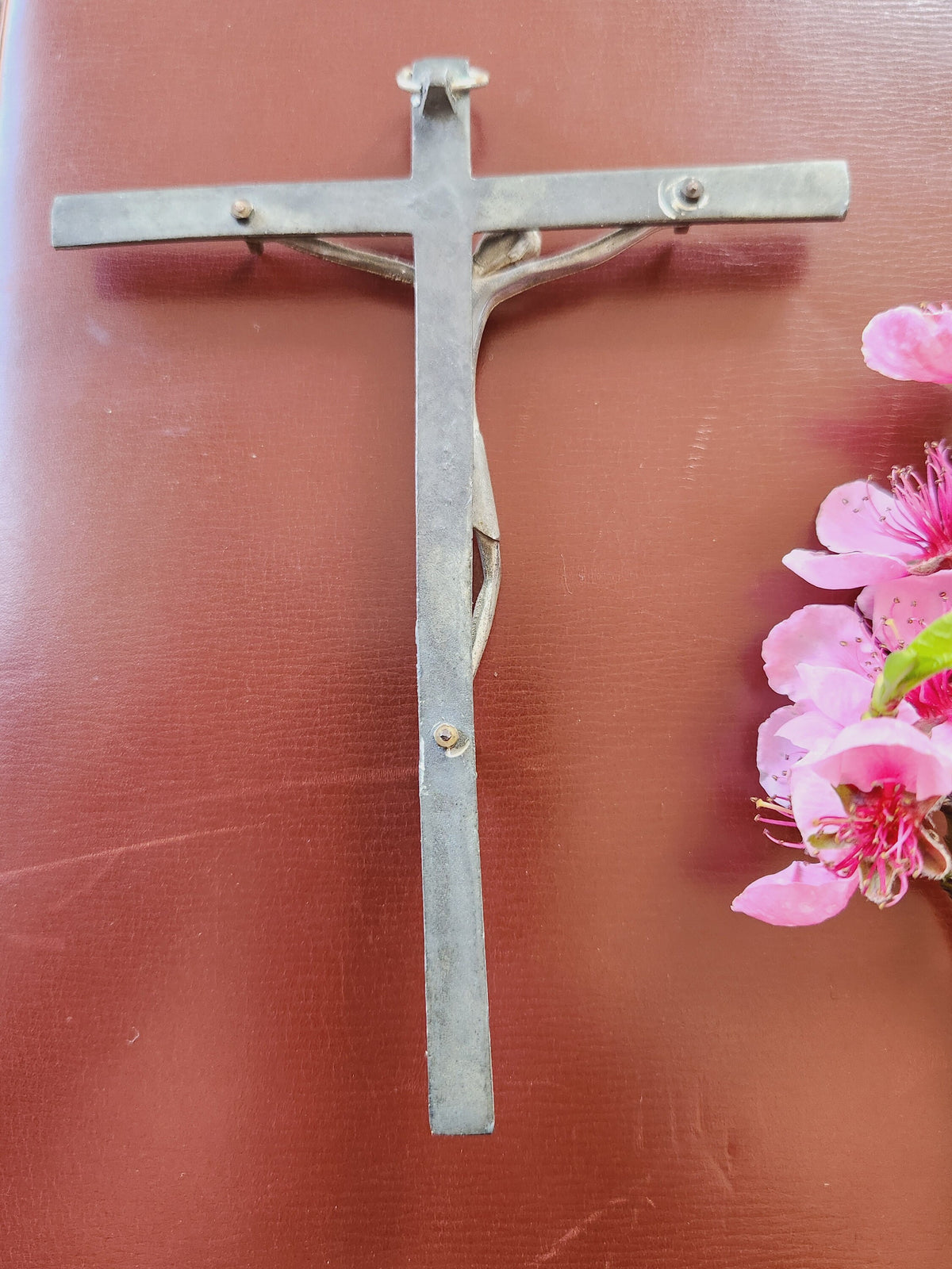 Vintage French Pewter Crucifix: Naive Brutalist Religious Wall Art