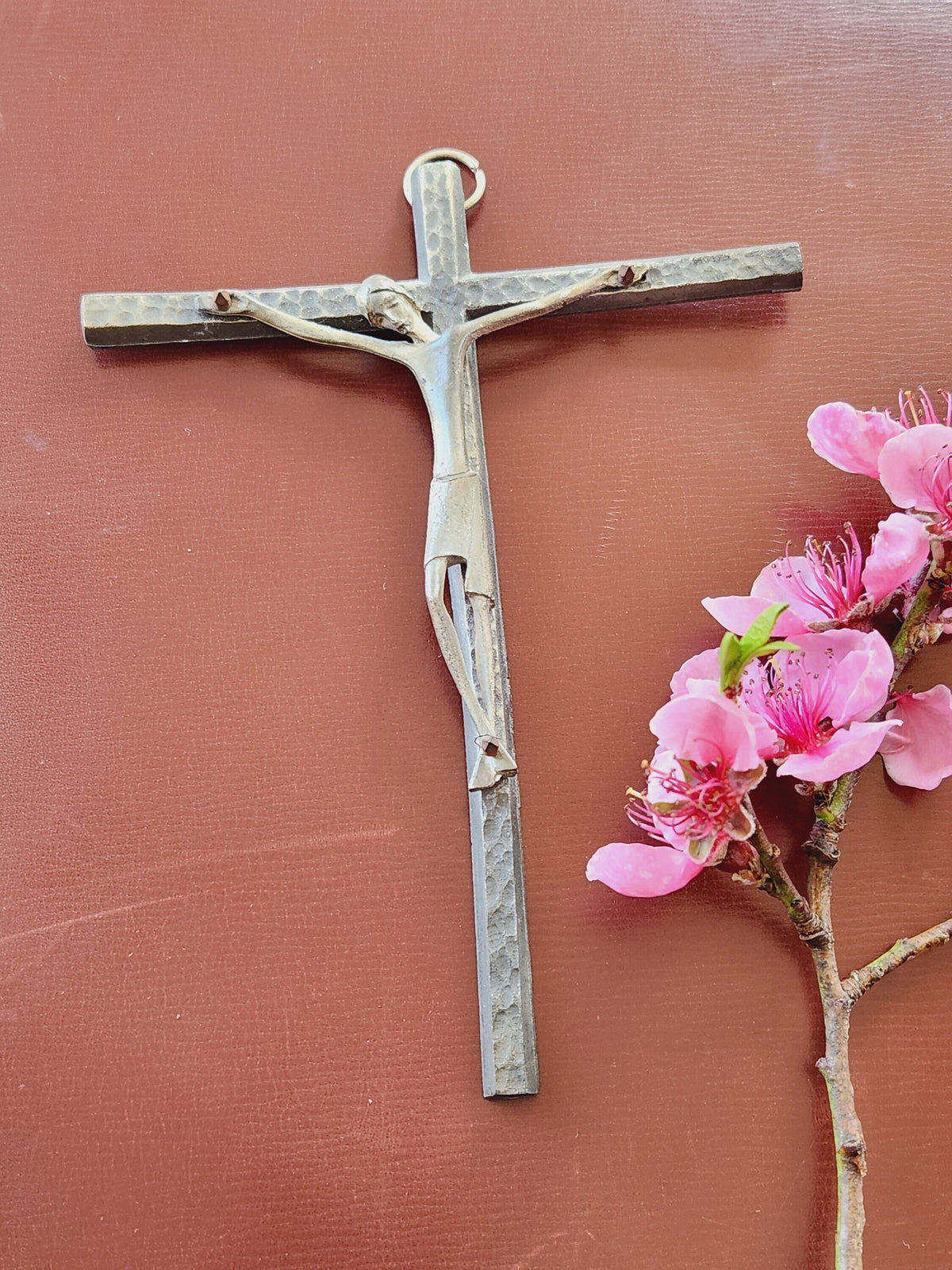 Vintage French Pewter Crucifix: Naive Brutalist Religious Wall Art