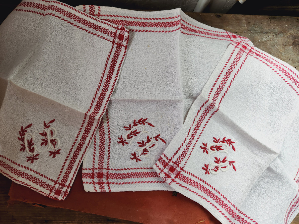 Antique French 6x Monogrammed MB & CB Cotton Table Napkins Red Embroidery Stitching