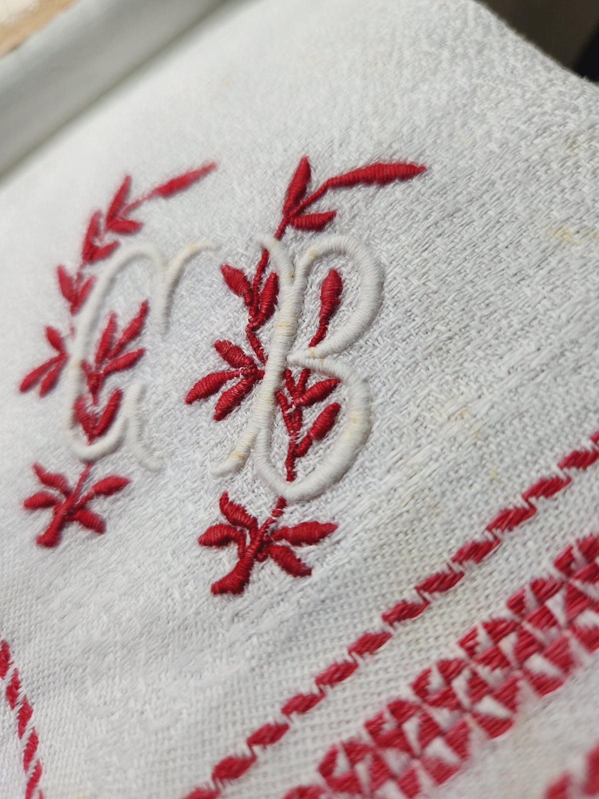 Antique French 6x Monogrammed MB & CB Cotton Table Napkins Red Embroidery Stitching