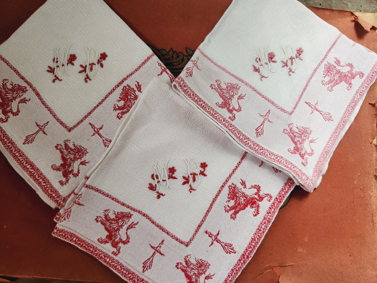 Antique French 6x Monogrammed MB & CB Cotton Table Napkins Red Embroidery Stitching