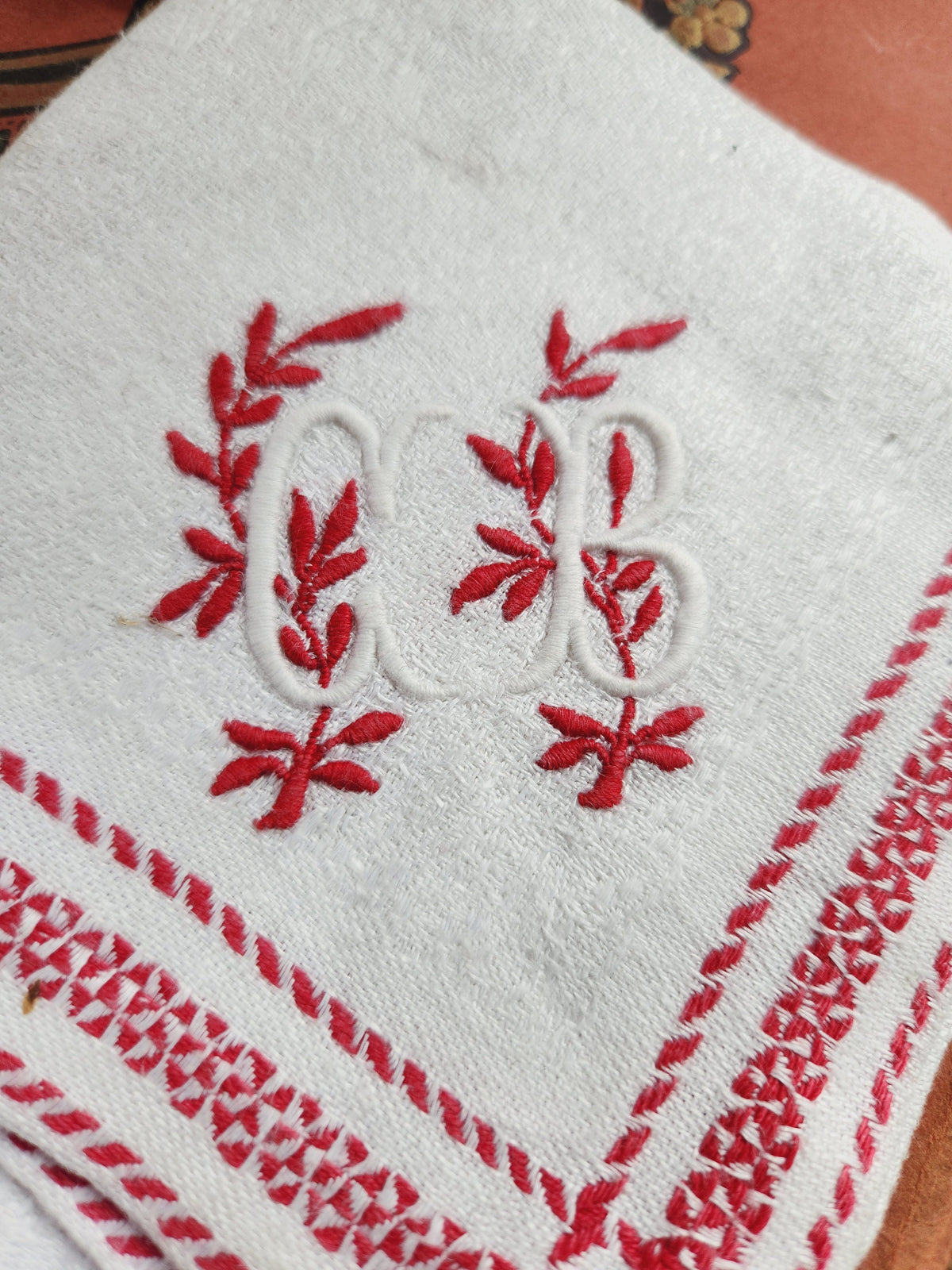 Antique French 6x Monogrammed MB & CB Cotton Table Napkins Red Embroidery Stitching