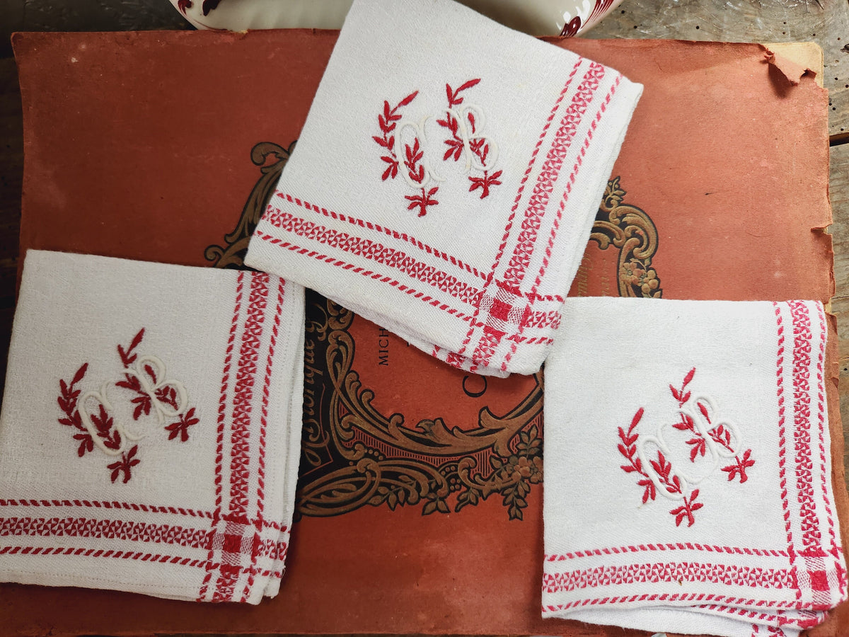 Antique French 6x Monogrammed MB & CB Cotton Table Napkins Red Embroidery Stitching