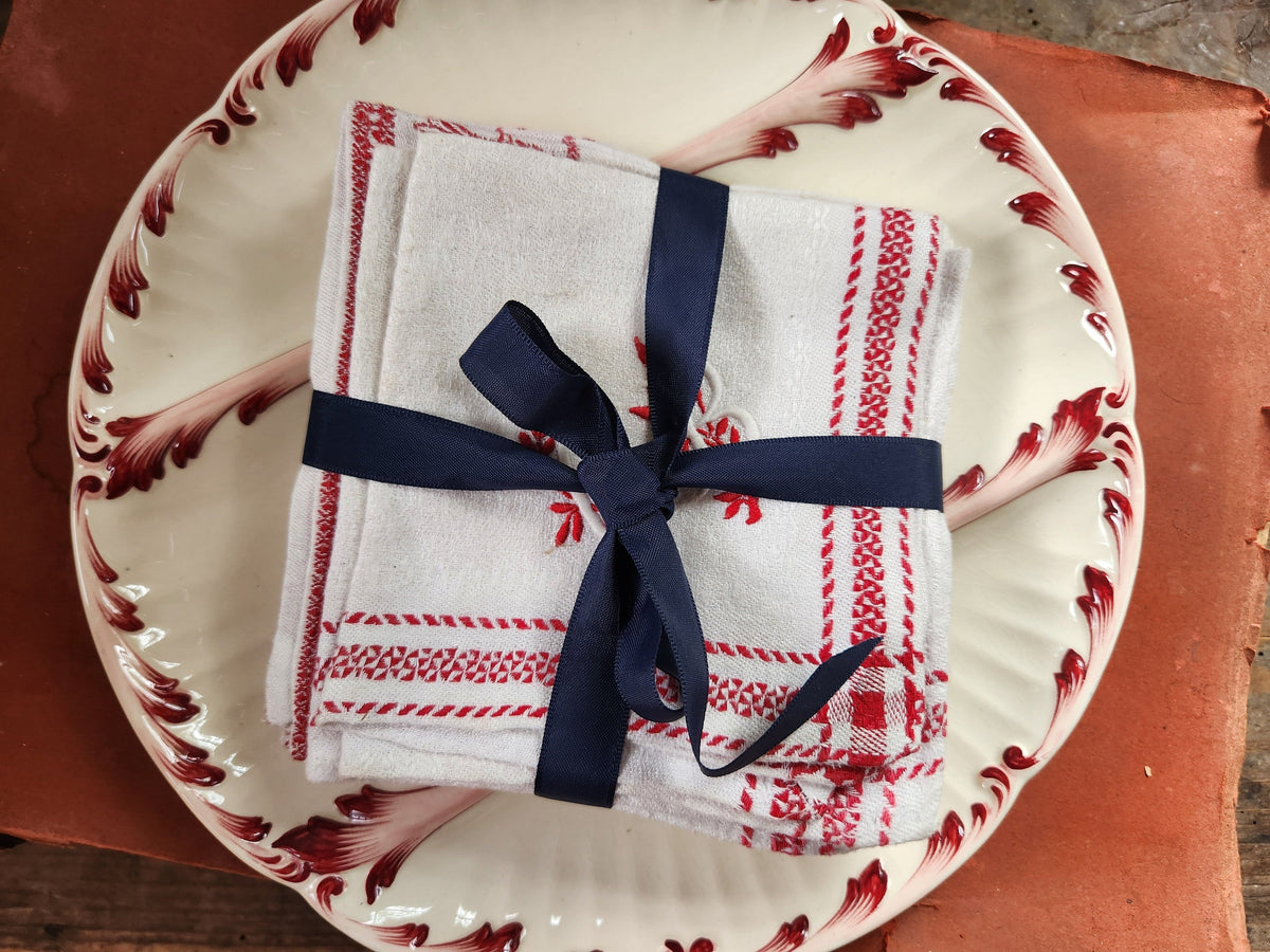 Antique French 6x Monogrammed MB & CB Cotton Table Napkins Red Embroidery Stitching