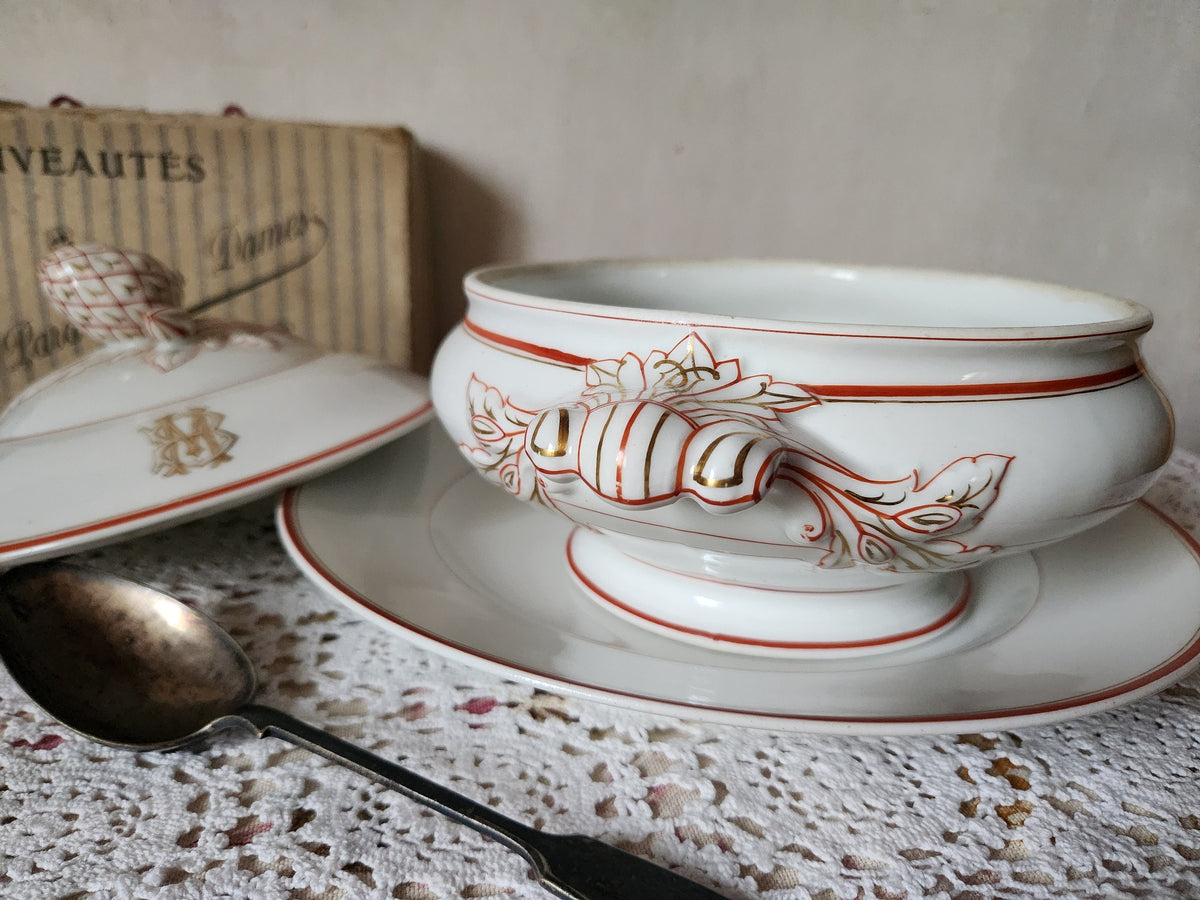 Antique Pillivuyt Soup Tureen: French Porcelain Serving Bowl & Plate, Gold Monogram