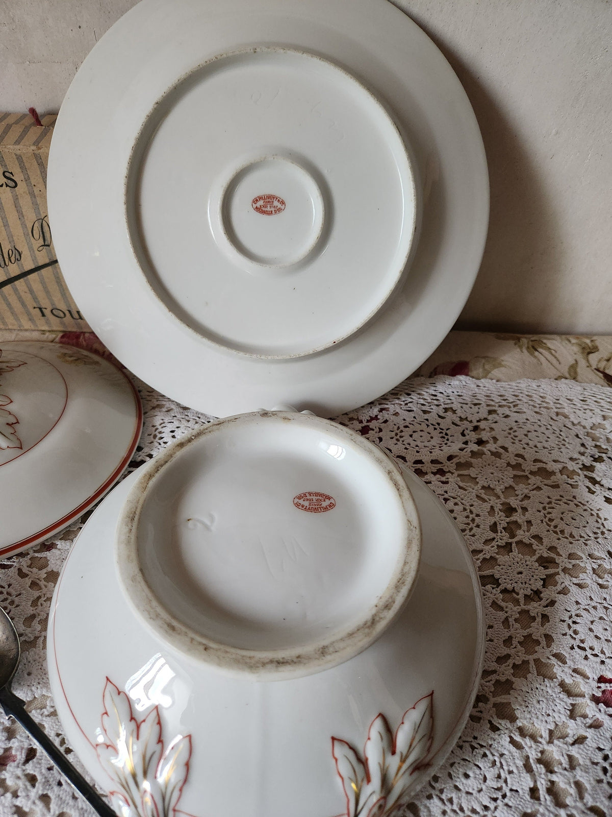 Antique Pillivuyt Soup Tureen: French Porcelain Serving Bowl & Plate, Gold Monogram