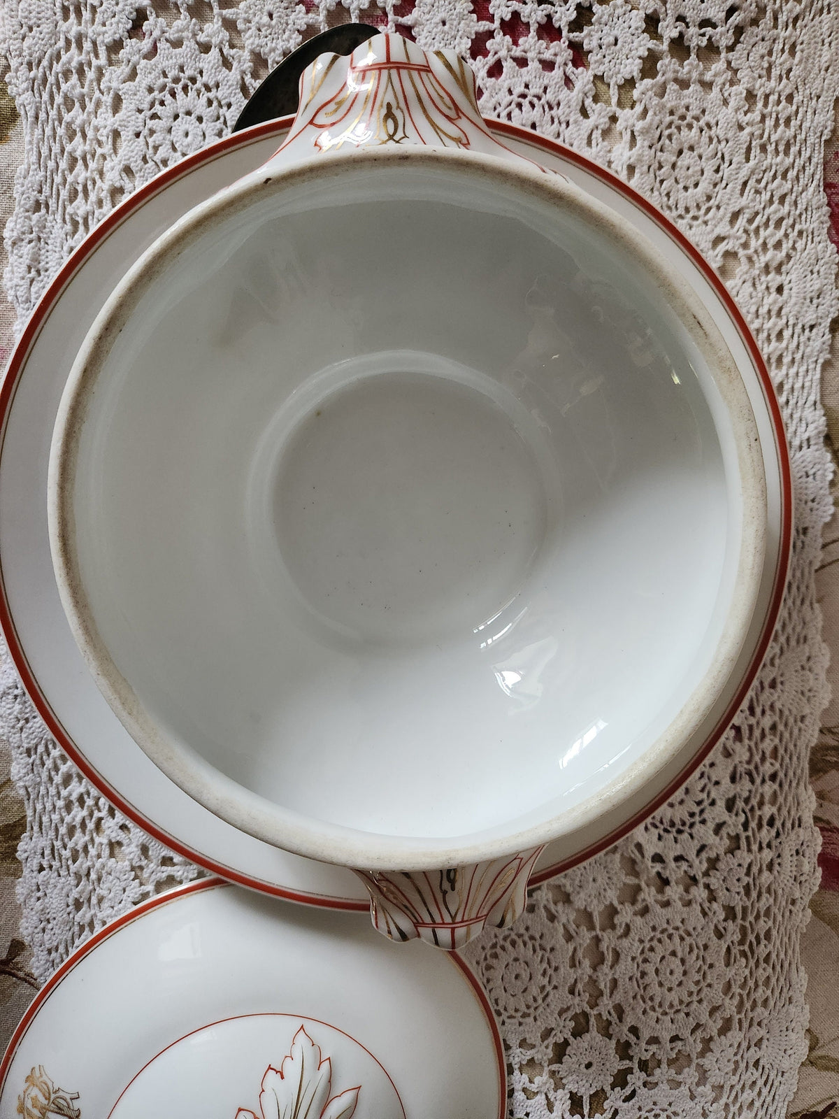 Antique Pillivuyt Soup Tureen: French Porcelain Serving Bowl & Plate, Gold Monogram