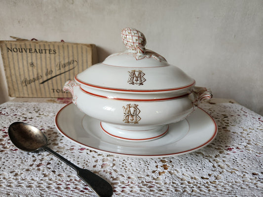 Antique Pillivuyt Soup Tureen: French Porcelain Serving Bowl & Plate, Gold Monogram