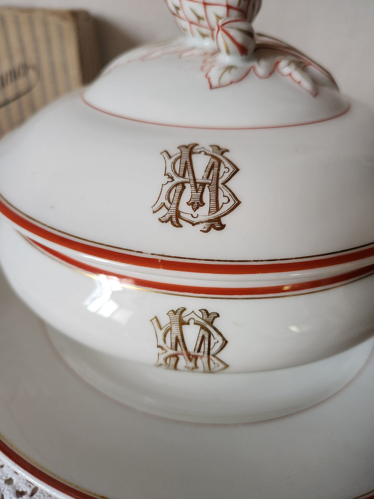 Antique Pillivuyt Soup Tureen: French Porcelain Serving Bowl & Plate, Gold Monogram