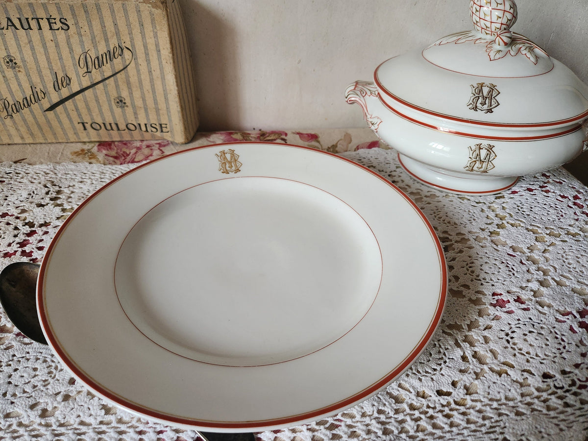 Antique Pillivuyt Soup Tureen: French Porcelain Serving Bowl & Plate, Gold Monogram