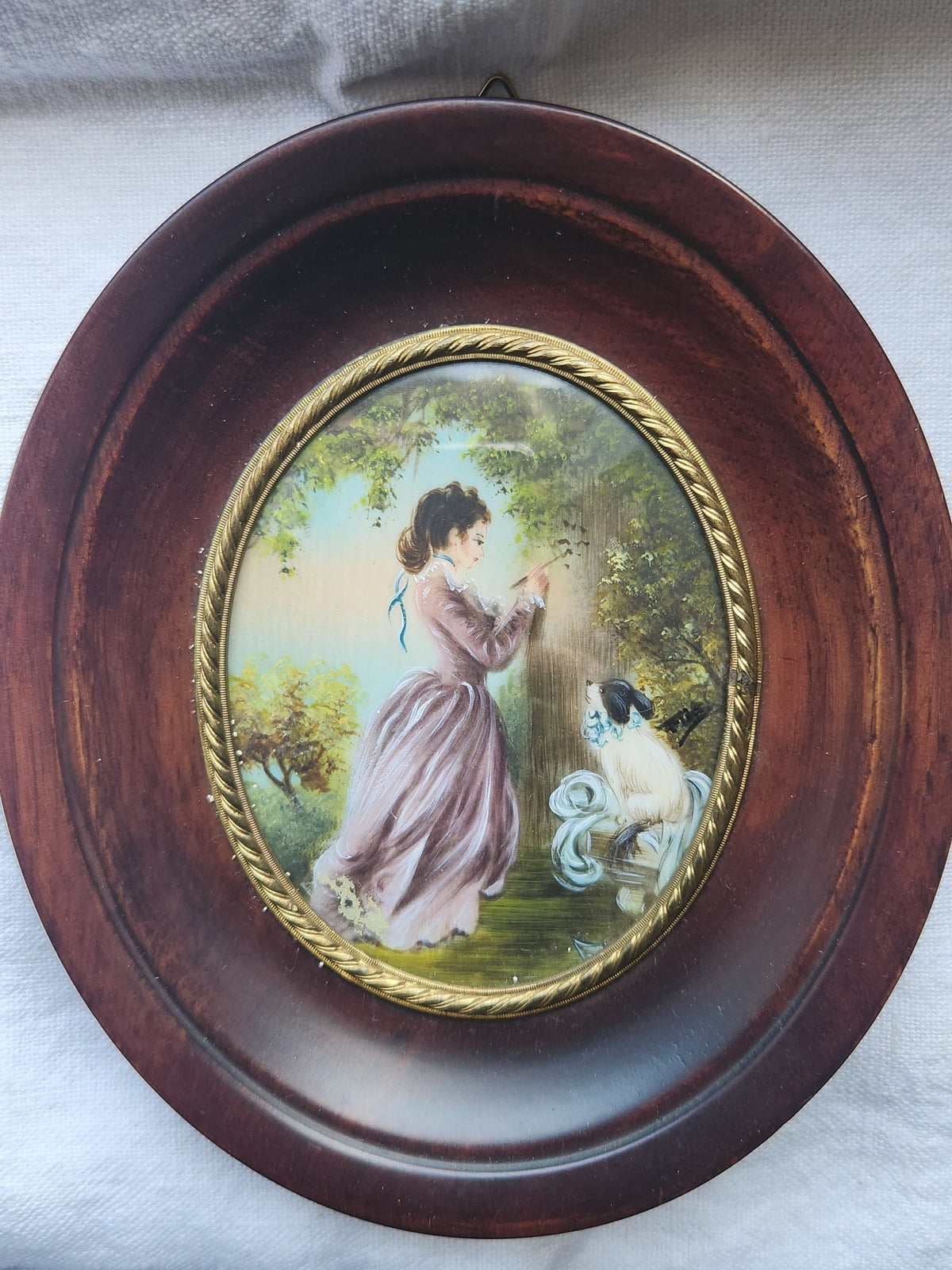 Antique Set of 2 Victorian 1900s Miniature Portrait Oval Paintings in Wood Frames Signed