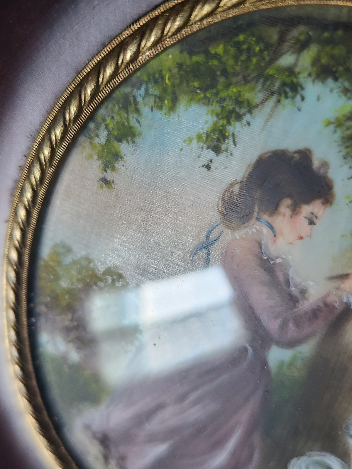 Antique Set of 2 Victorian 1900s Miniature Portrait Oval Paintings in Wood Frames Signed