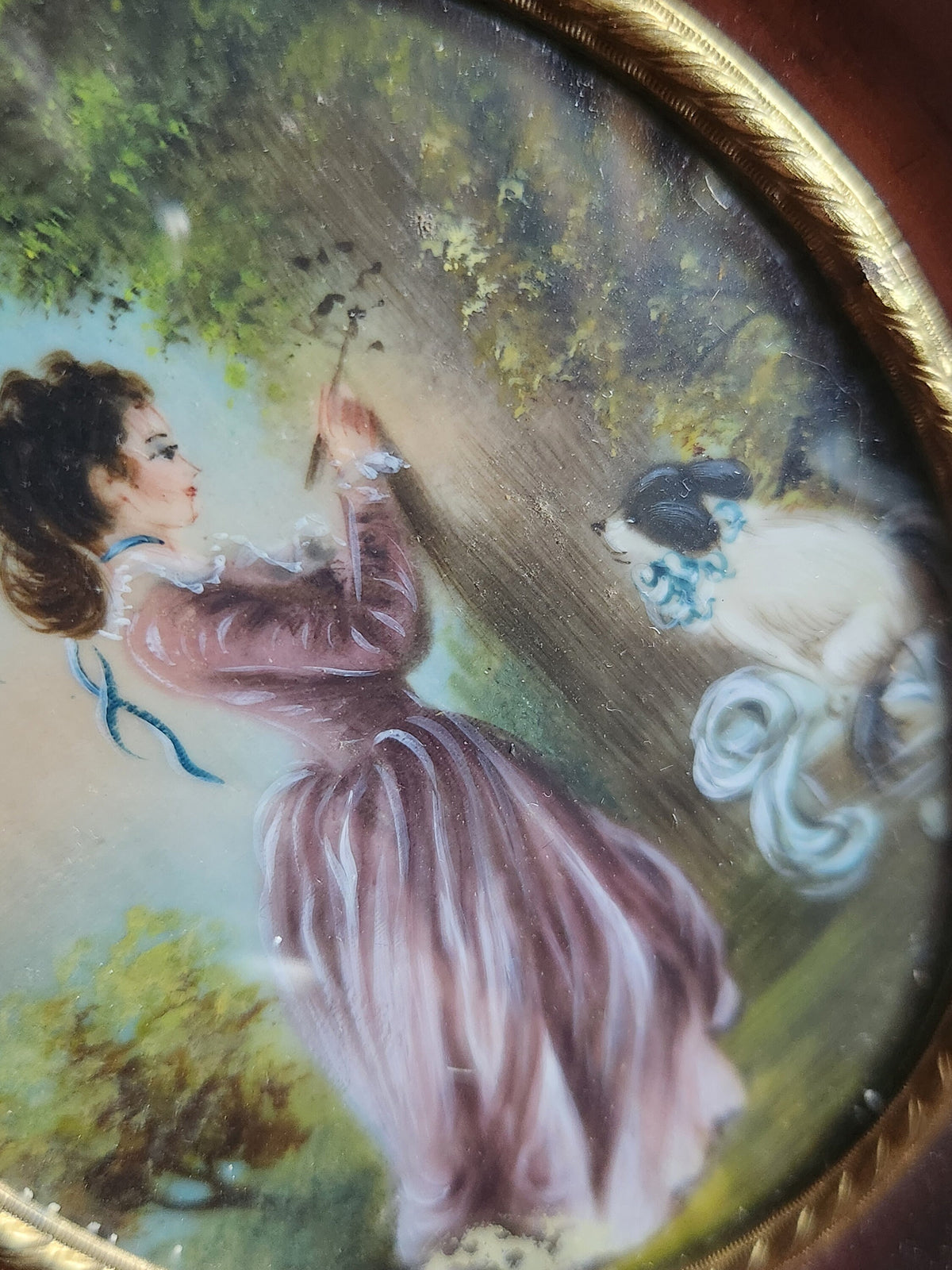 Antique Set of 2 Victorian 1900s Miniature Portrait Oval Paintings in Wood Frames Signed