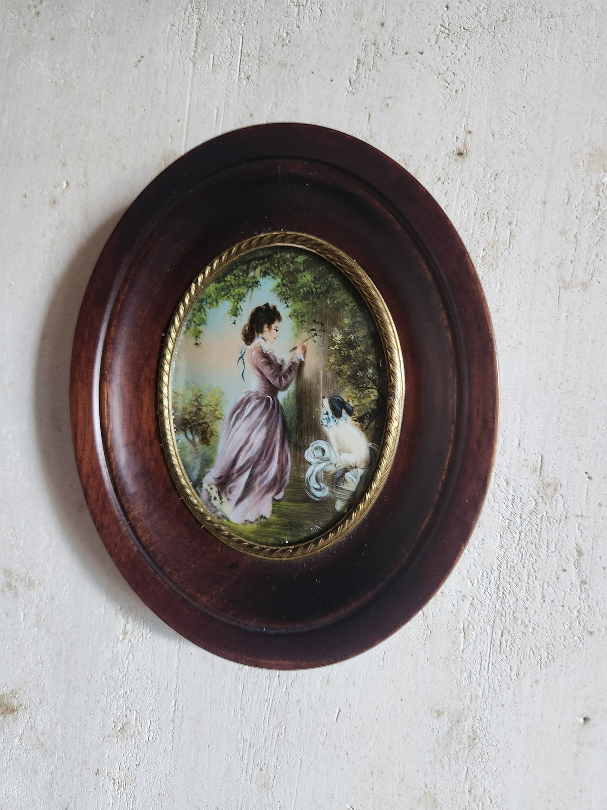 Antique Set of 2 Victorian 1900s Miniature Portrait Oval Paintings in Wood Frames Signed