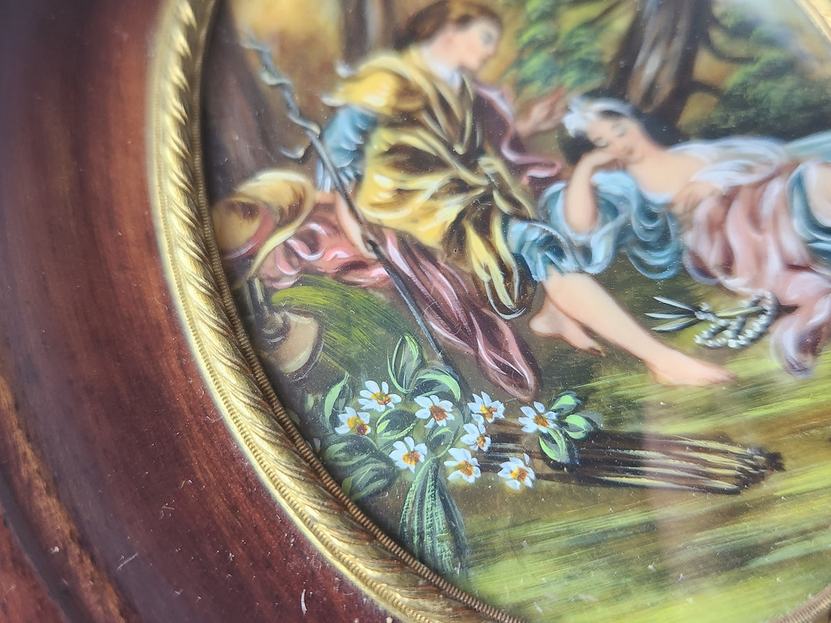 Antique Set of 2 Victorian 1900s Miniature Portrait Oval Paintings in Wood Frames Signed