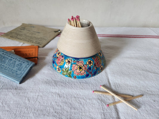 Antique Longwy Floral Enamel Match Striker Pot: French Barware