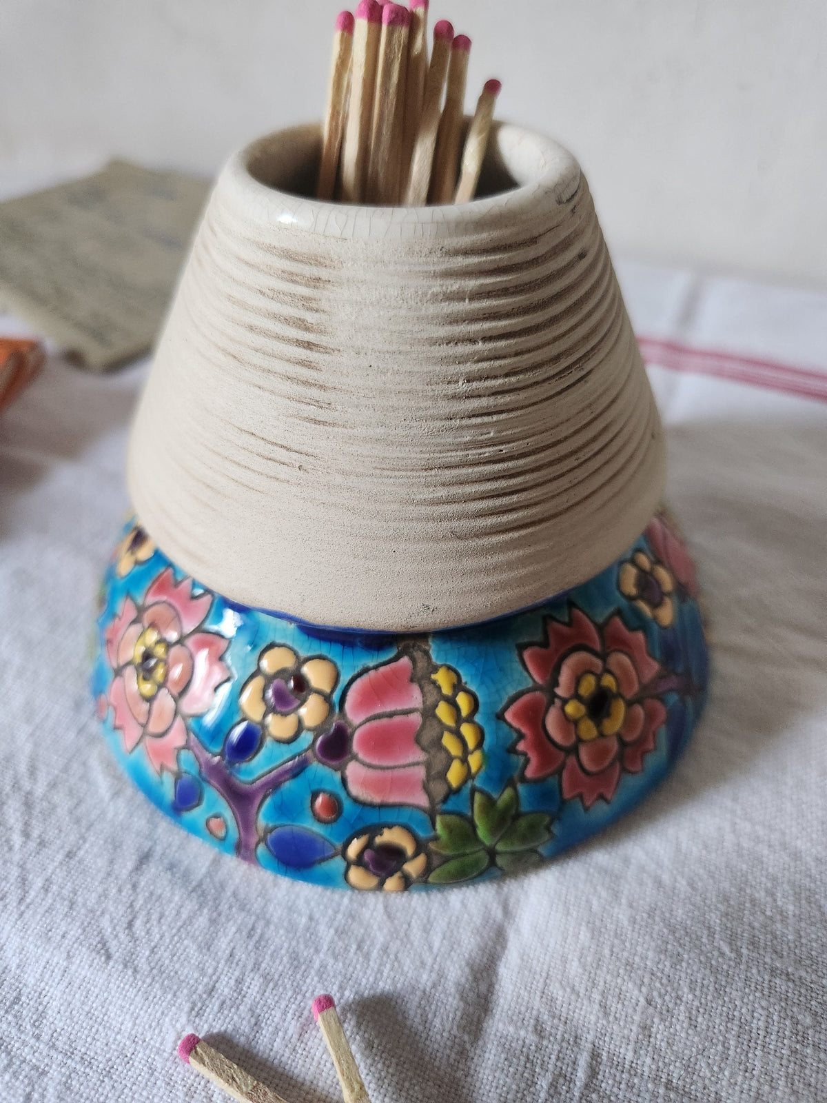 Antique Longwy Floral Enamel Match Striker Pot: French Barware